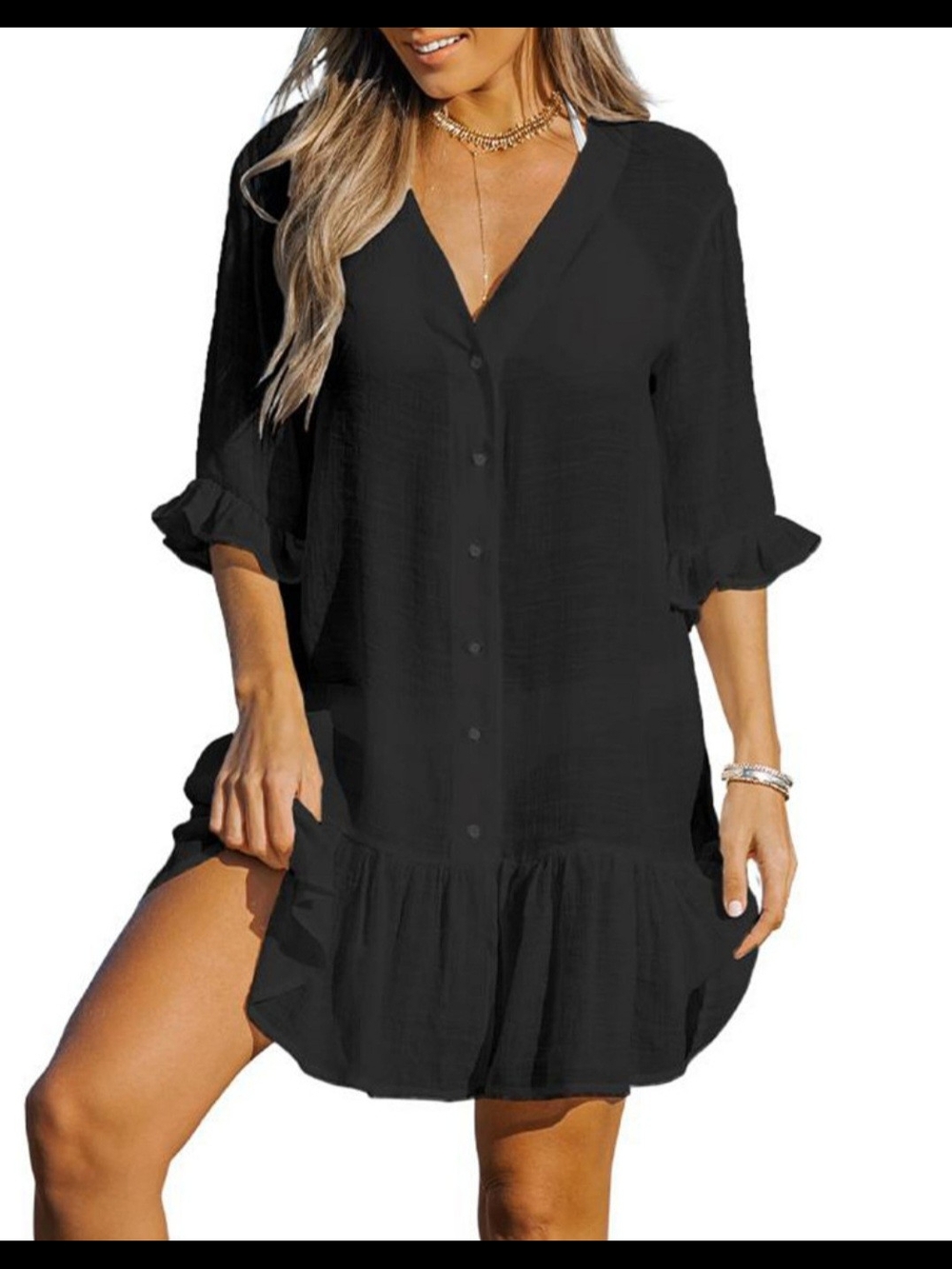 Cupshe Black Button-Front Ruffle Swim Coverup